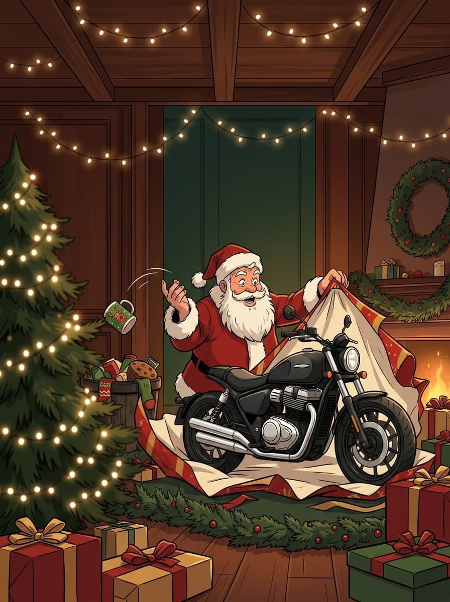 Weihnachtsmann packt ein Motorrad aus