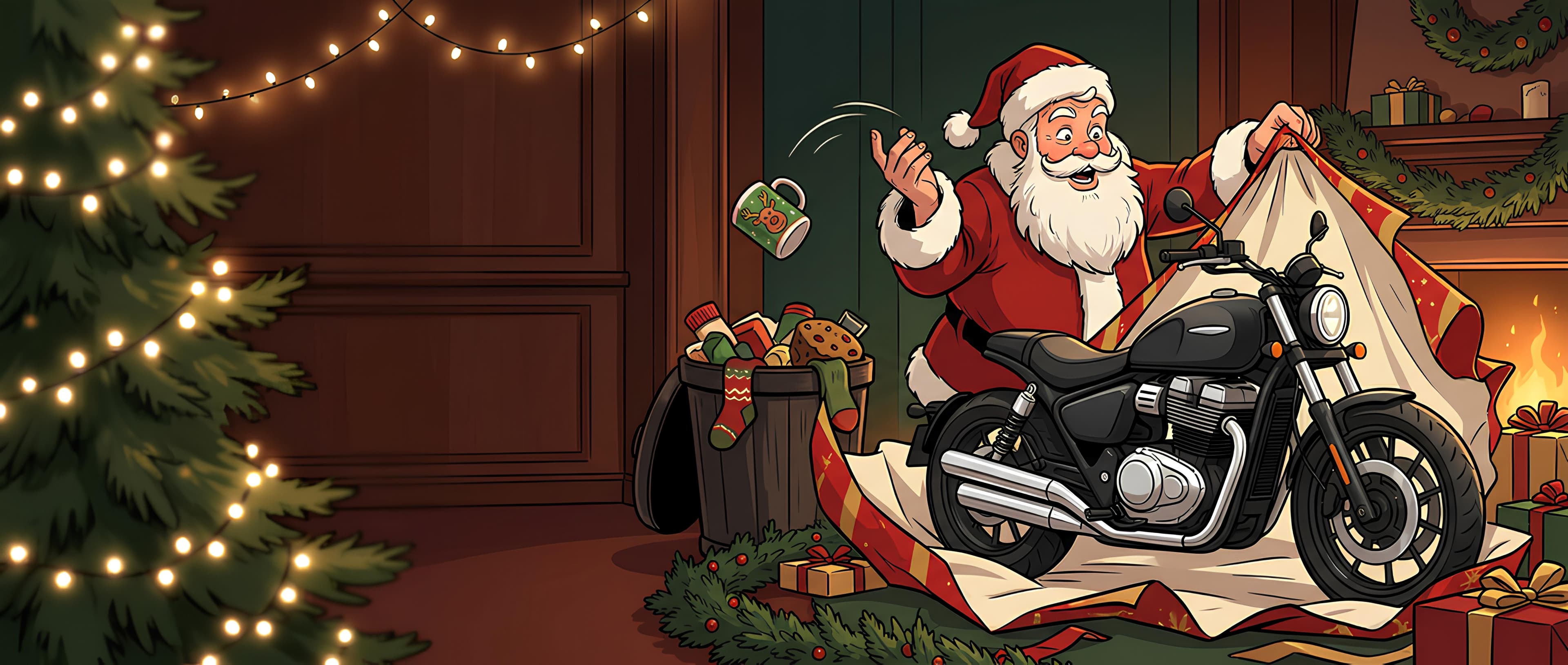 Weihnachtsmann packt ein Motorrad aus